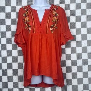 Blu Pepper M deep orange boho v-neck peasant blouse shirt tunic